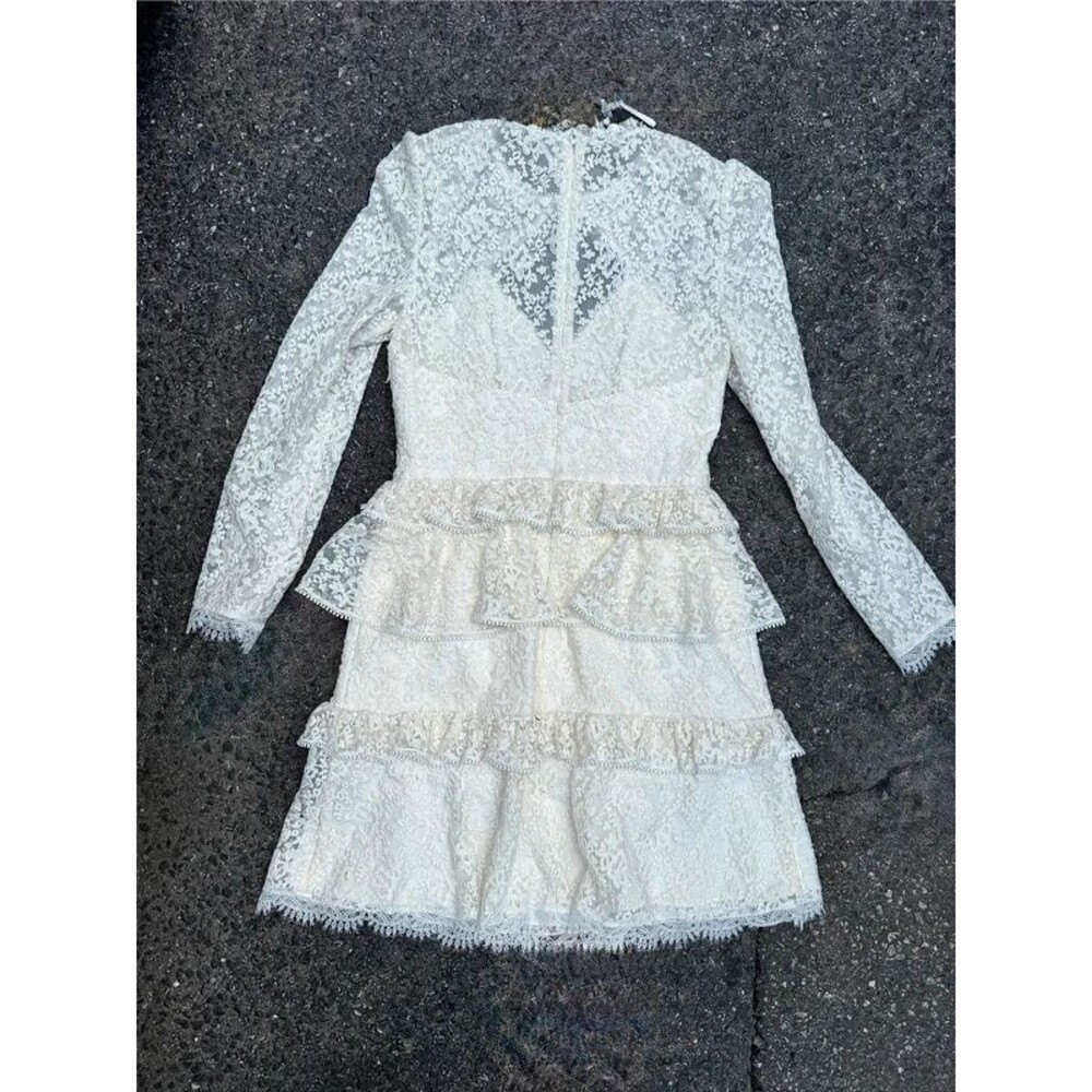 NWT ML Monique Lhuillier White Lace Tie Neck Cocktail Dress Size 4 S-M MSRP $445